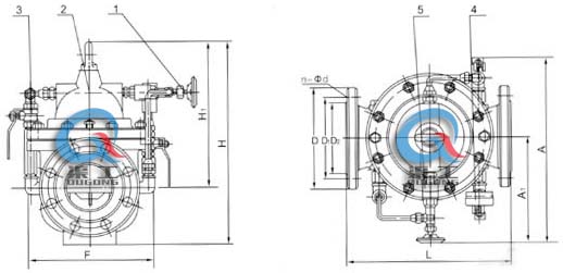 300X緩閉止回閥 外形結構圖 (1、針閥2、主閥3、球閥4、壓力表5、單向閥）